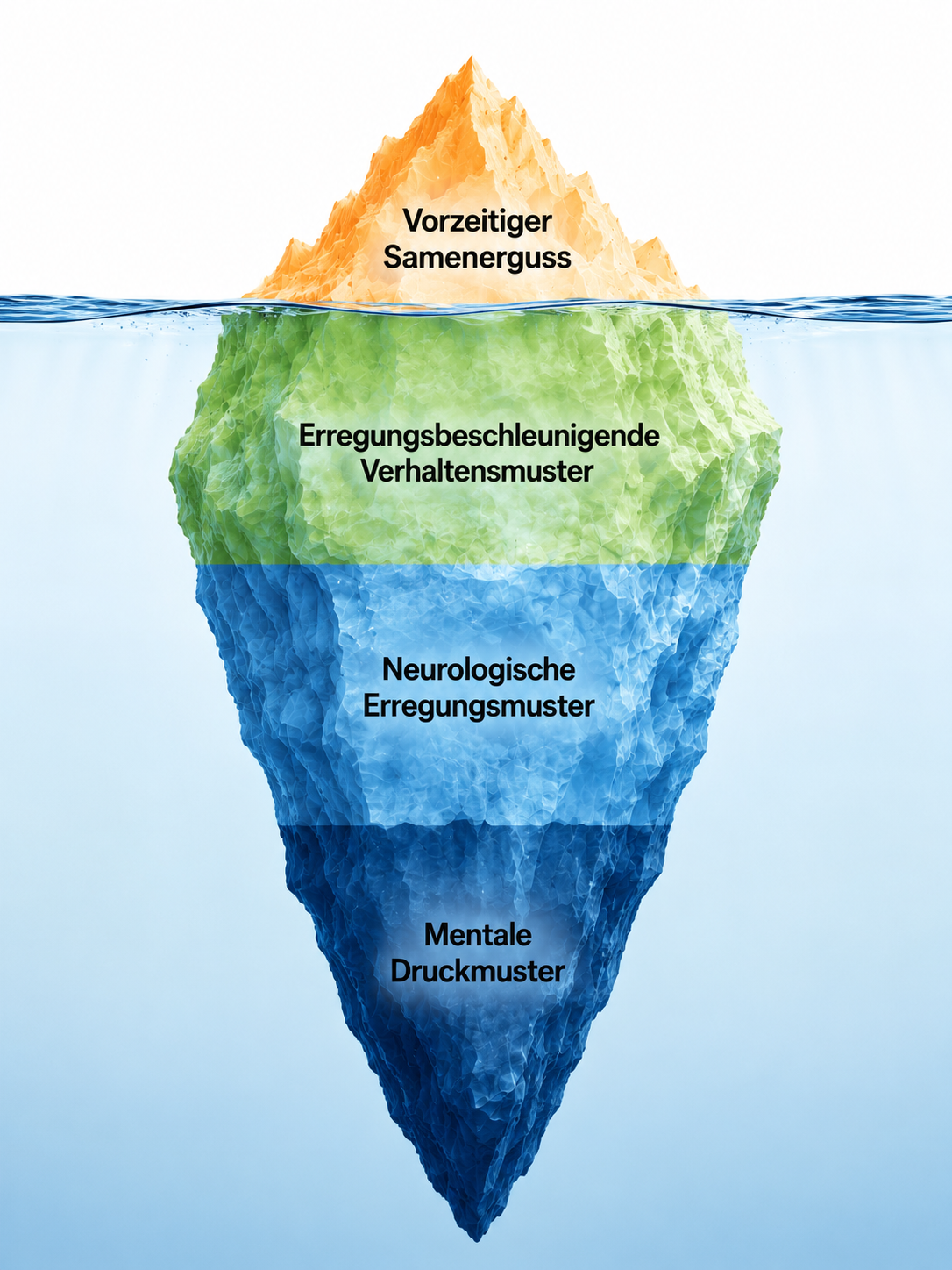 Iceberg-Modell: Vorzeitiger Samenerguss und die drei Ebenen dahinter — sichtbarer Gipfel und darunter neurologische Erregungsmuster, erregungsbeschleunigende Verhaltensmuster und mentale Druckmuster